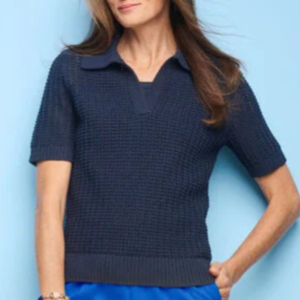 Talbots Pointelle Stitch Polo Navy Sweater in Medium
